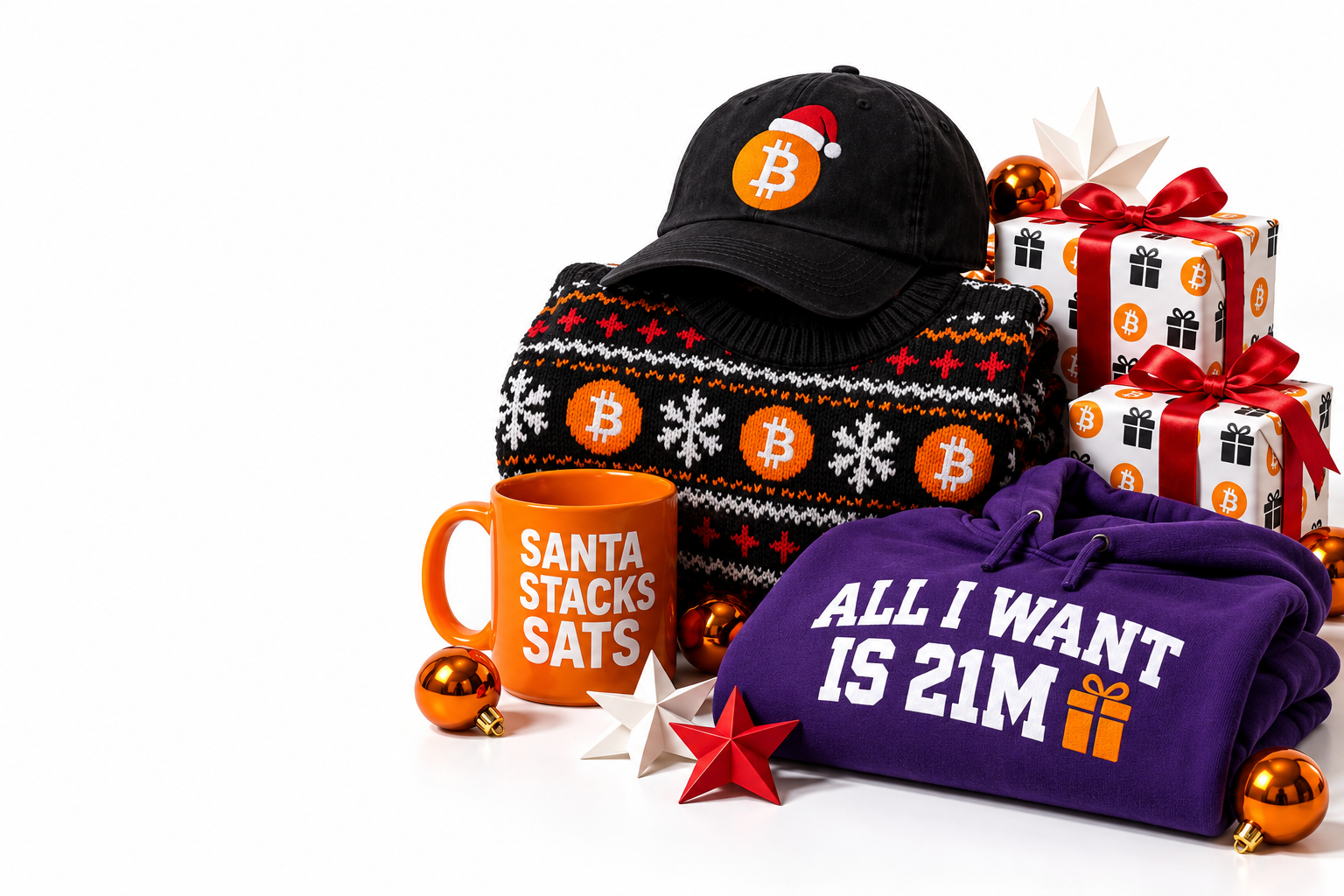 Christmas concept scene: Bitcoin Santa cap, Fair Isle jumper, orange Santa Stacks Sats mug, violet 21M hoodie and wrapped presents.