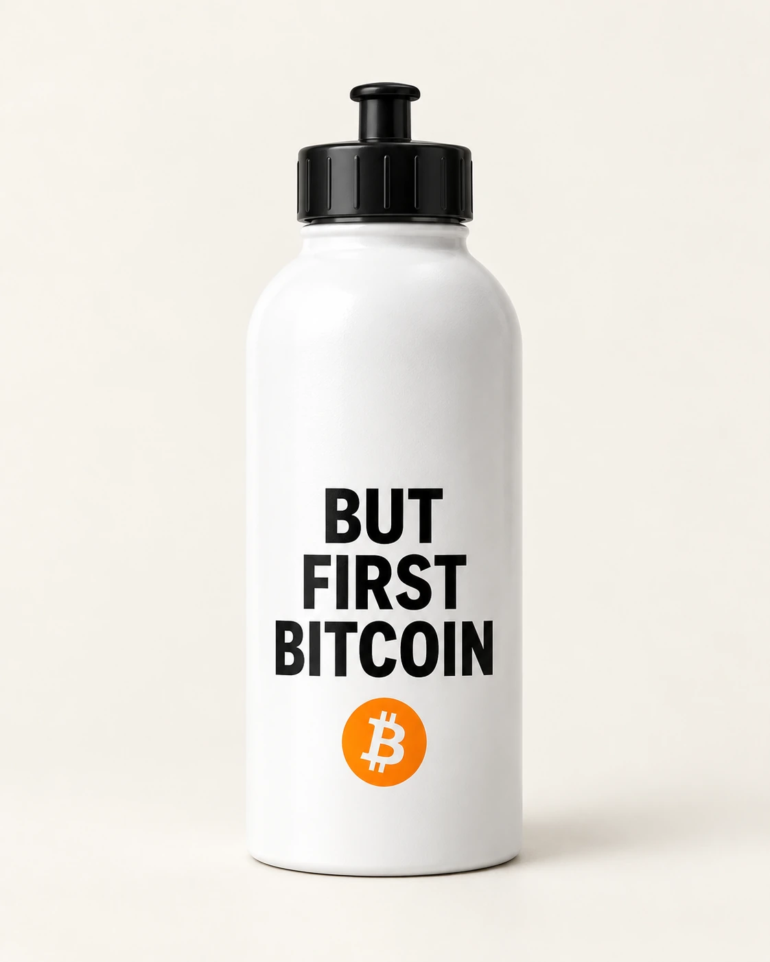 AI concept — But First Bitcoin Water Bottle — White