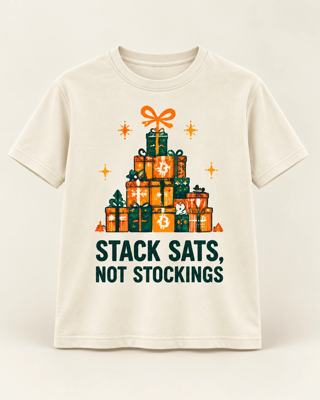 AI concept — Stack Sats, Not Stockings Tee — Cream